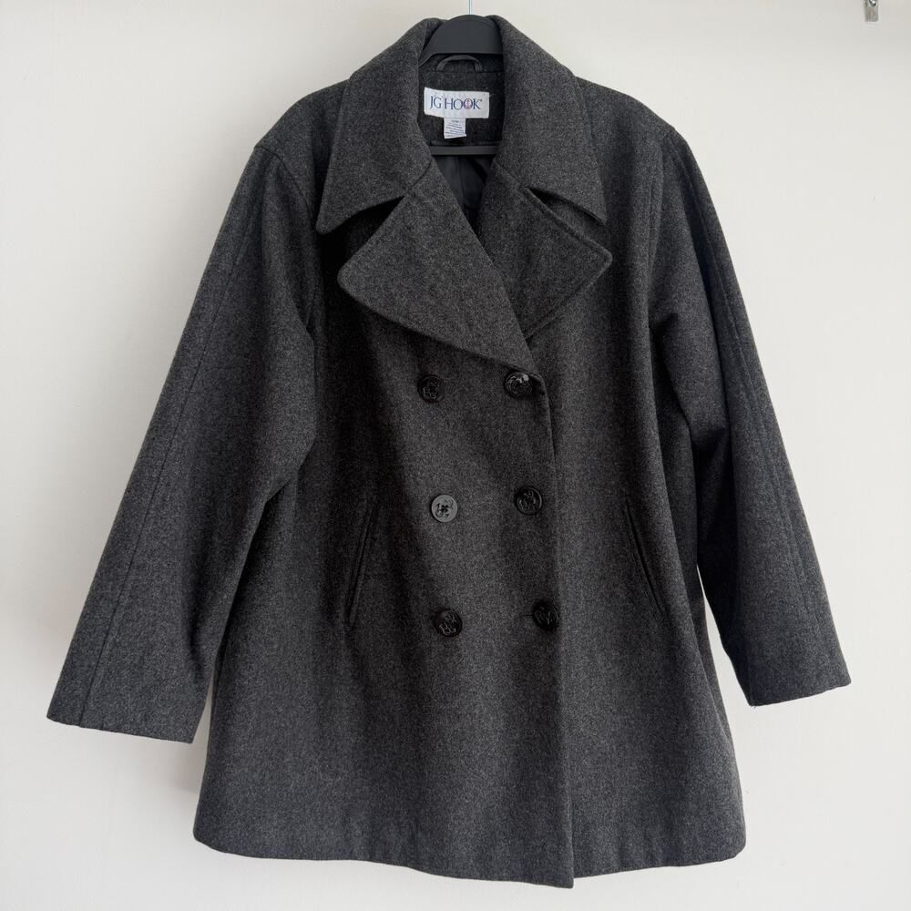 Vintage JG Hook Pea Coat Womens 22W Gray Wool Blend Double Breasted Quiet Luxury